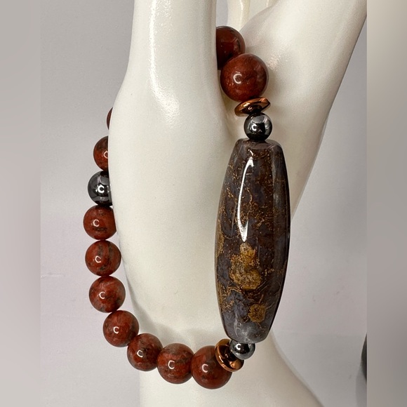 RED JASPER + OCEAN JASPER NATURAL STONES BRACELET size 7” - Picture 3 of 15
